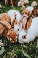 Wall Mural - A group of rabbits resting on green grass, showcasing their playful nature.