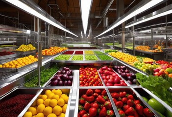 vibrant array fresh ingredients displayed modern factory setting featuring bright colors organized layout, visuals, textures, composition, contrast, clean