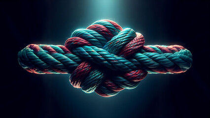 Canvas Print - Team rope diverse strength connect partnership together teamwork unity communicate support. Strong diverse network rope team concept integrate braid colour background cooperation empower power.