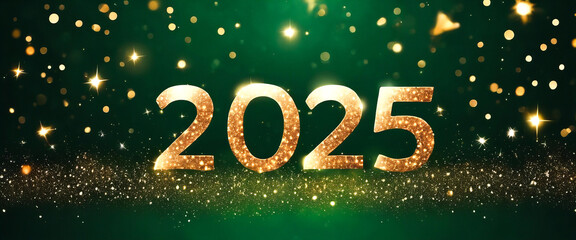 A green background with gold letters that say 2025 on it