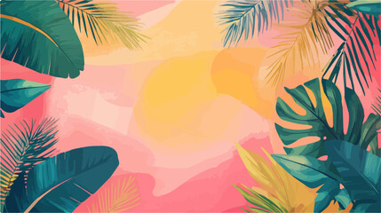 Colorful abstract summer background design With tropical leaves with sun, palm, banana, and monster leaves, abstract design, vector