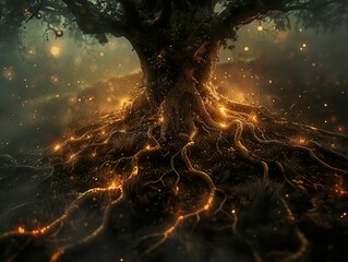 Sticker - Glowing Tree Roots in a Mystical Forest