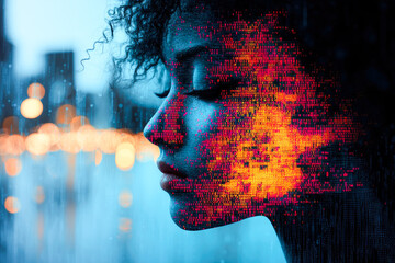 Poster - A silhouetted face overlaid with digital patterns and urban lights, merging technology and a cityscape backdrop.