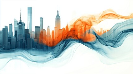 Poster - A digital art piece featuring an abstract representation of the New York City skyline, with swirling orange and blue smoke-like elements that form a fluid shape around it
