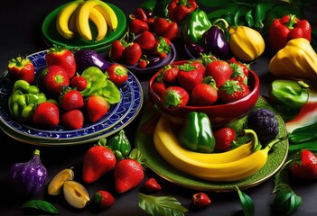 Sticker - colorful arrangement fresh fruits vegetables vibrant plates highlighting natural beauty textures, artful, bowl, bright, culinary, dishes, edible, exotic