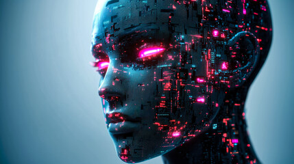 Poster - A futuristic cybernetic face with glowing pink eyes, showcasing intricate digital patterns on a blue background.