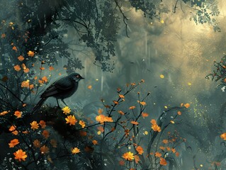 Canvas Print - Enchanted Forest with a Bird and Yellow Flowers