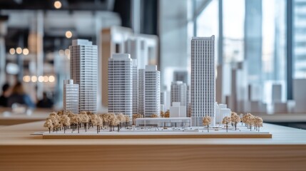 Poster - High-rise commercial building models standing on a wooden surface, representing structural innovation in a professional setting