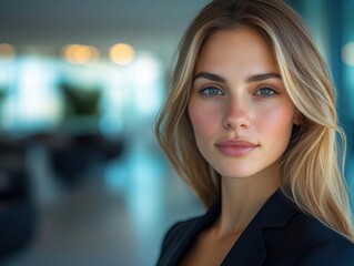 Professional confident blonde woman in a business suit standing in a modern office environment, blurred background with natural light.