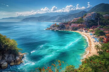 Poster - Glistening turquoise waters meet golden sands as sunbathers enjoy the beach, embraced by lush mountains and lively cityscapes nearby. Generative AI