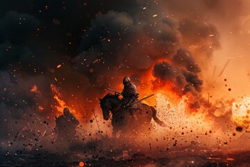 A dramatic scene unfolds with warriors on horseback surging through explosive bursts of fire and smoke, defining chaos and valor amidst the turmoil.