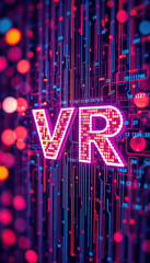 Aufkleber - vibrant neon VR letters digital interface futuristic technology concept virtual reality gaming software development bright pink blue glowing lines binary code background