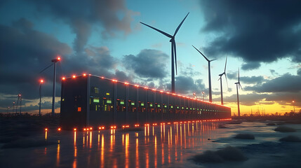 Poster - Futuristic wind farm with reflective structure at sunset.