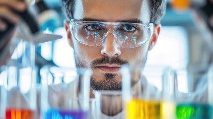 Poster - Young Scientist Working in Laboratory with Colorful Beakers
