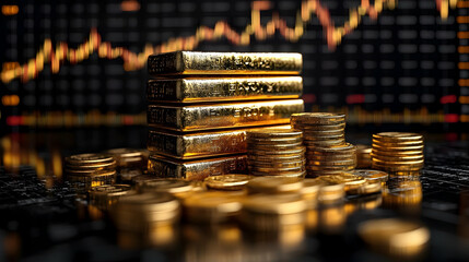 Sticker - Gold bars and coins with a financial chart background.