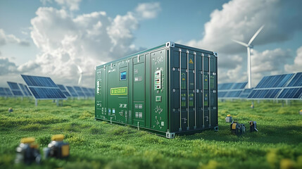 Poster - Green energy storage unit among solar panels and wind turbines.