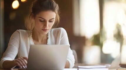 Poster - Focused Woman Working on Laptop in a Cozy Setting