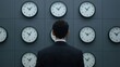 © Nopadon - A man in a suit stands in front of multiple clocks displaying different times, evoking themes of time management and global awareness.