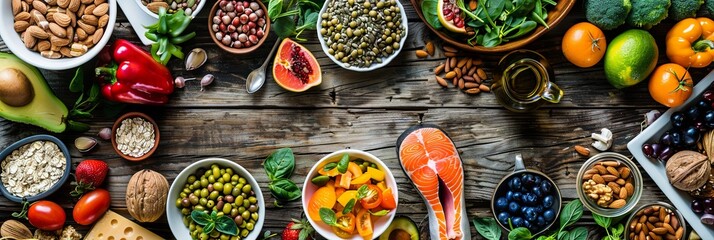 Poster - A variety of fresh fruits, vegetables, nuts, and balanced meals create a vibrant display on a rustic wooden table, promoting healthy eating. Generative AI