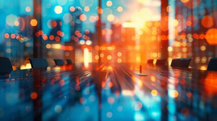 Wall Mural - An office conference room at night, with warm yellow lights highlighting a large wooden table surrounded by chairs. Glass walls offer a cityscape view, illuminated by neon and building lights.