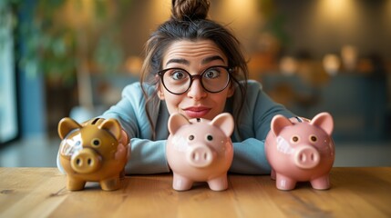 Woman with piggy bank at home