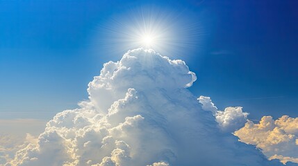 Wall Mural - bright white clouds scattered across a deep blue sky with rays of sunshine breaking through