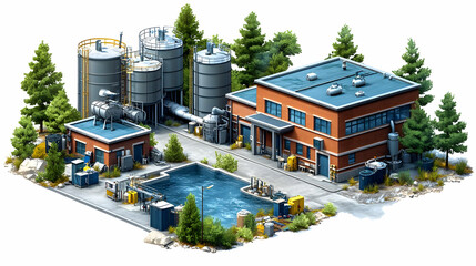 Canvas Print - Industrial facility with tanks, a pool, and surrounding trees.