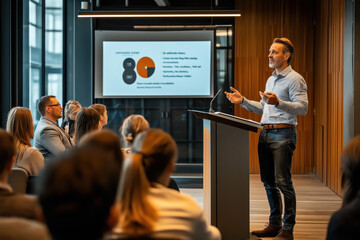 Canvas Print - Professional speaker delivering a presentation to a group of people in a modern conference room with a large screen displaying data charts in the background.