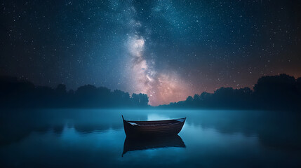 Milky Way Night Boat: A lone boat sits serenely on a still lake, bathed in the ethereal glow of the Milky Way, a cosmic canvas of stars stretching across the night sky.