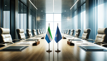 A modern conference room with Sierra Leone and Somalia flags on a long table, symbolizing a bilateral meeting or diplomatic discussions between the two nations.