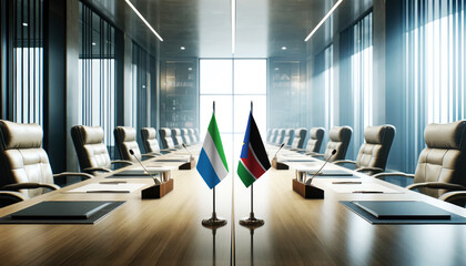 A modern conference room with Sierra Leone and South Sudan flags on a long table, symbolizing a bilateral meeting or diplomatic discussions between the two nations.