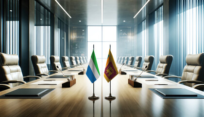 A modern conference room with Sierra Leone and Sri Lanka flags on a long table, symbolizing a bilateral meeting or diplomatic discussions between the two nations.