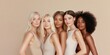 © Alena - A group of natural women with different body types pose in bodysuits of neutral colors. They demonstrate affection, confidence and calmness. A symbol of unity and collective growth, global diversity