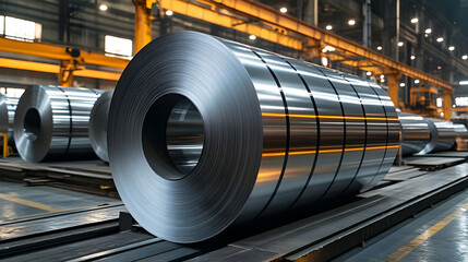 Sticker - Large rolls of metal in an industrial manufacturing facility.