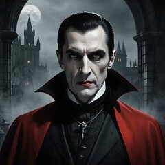 Wall Mural - Count Dracula portrait, scary halloween vampire, Count Dracula with castle in the background, halloween night wallpaper