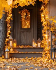 Poster - Autumn Home Decor with Yellow Garland and Lanterns