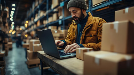 Wall Mural - Man working on a laptop in a warehouse surrounded by boxes.