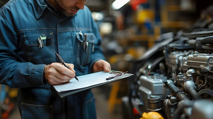 Poster - Mechanic inspecting an engine while taking notes on a clipboard.