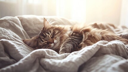 Wall Mural - A peaceful cat sleeping on a soft blanket in a cozy environment.