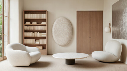 A modern living room featuring minimalist furniture, including round coffee table and two unique chairs. soft textures and neutral colors create serene atmosphere