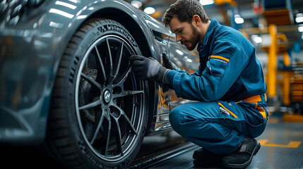 Poster - Mechanic working on a car tire in an automotive workshop.