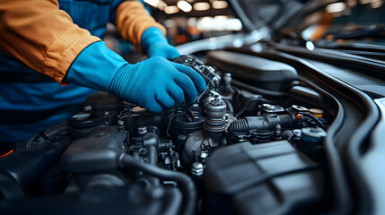 Poster - Mechanic working on an engine in a workshop.