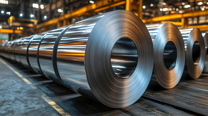 Sticker - Metallic rolls of steel in an industrial setting, showcasing production.