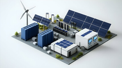 Canvas Print - Model of a renewable energy facility with solar panels and wind turbine.