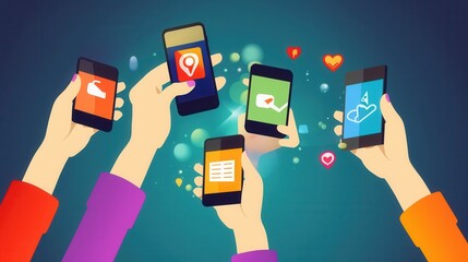 Aufkleber - People are engaging with their smartphones, exploring different social media applications while interacting in a lively atmosphere. Generative AI