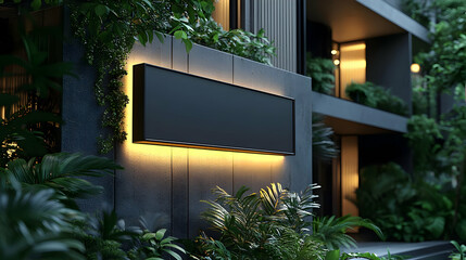 Wall Mural - Modern building facade with illuminated signage and lush greenery.