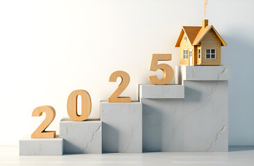 wooden numbers 2025 on the stairs and a private new house on a light background with copy space. dir