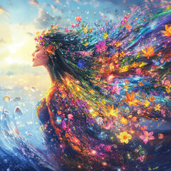 Wall Mural - Close-up of a woman with long flowing hair in a rainbow palette. A bright burst of emotions, a train of flowers, a rainbow state of mind. Stylish print on fabric, paper, packaging. Advertising of hair