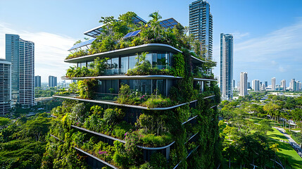 Poster - Modern green building with lush vegetation and urban skyline backdrop.