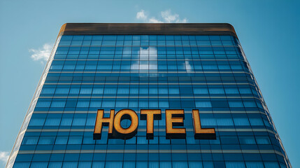 Poster - Modern hotel building with a prominent sign against a blue sky.